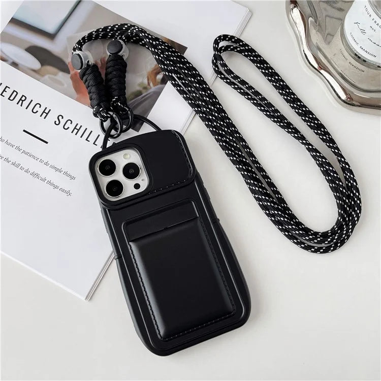 For iPhone 14 Pro Max TPU Case Card Holder Skin-touch Protective Shell with Shoulder Strap
