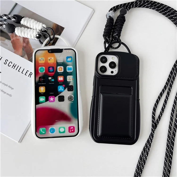For iPhone 14 Pro Max TPU Case Card Holder Skin-touch Protective Shell with Shoulder Strap