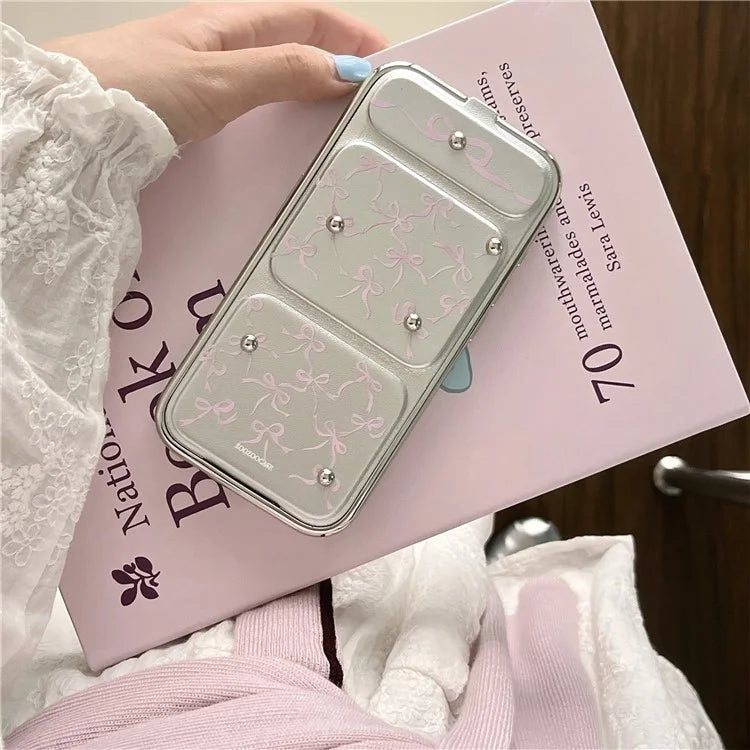 For iPhone 15 Pro Max Case Bowknot Pattern Leather+TPU Kickstand Phone Cover Lens Protection