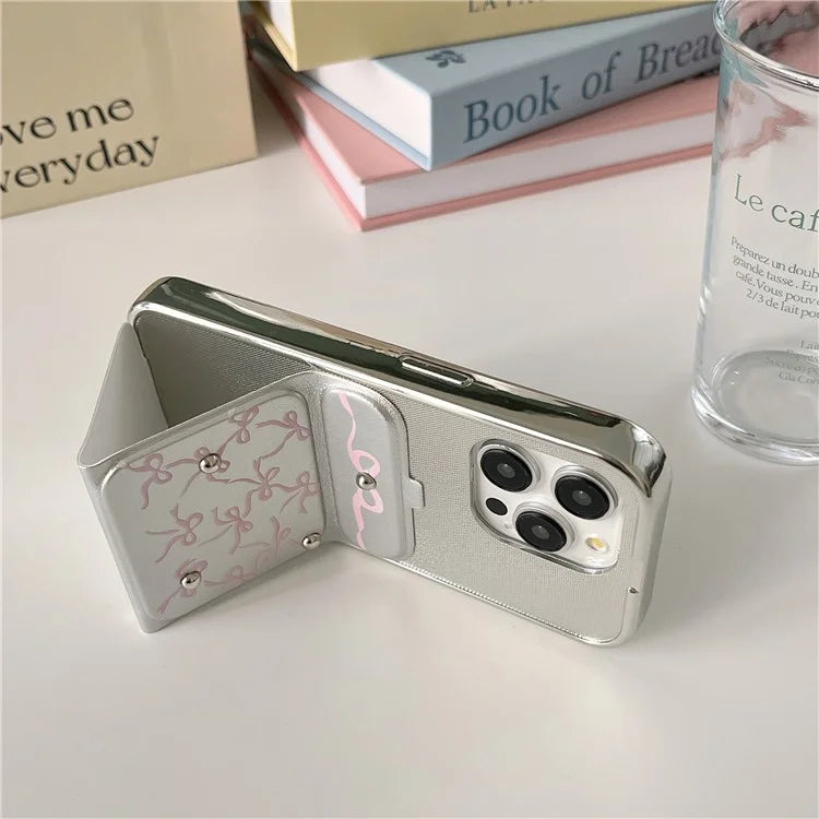 For iPhone 13 Pro Case PU Leather+TPU Kickstand Electroplating Phone Cover Bowknot Pattern