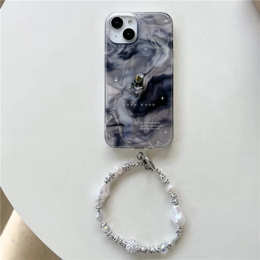 For iPhone 13 TPU Case IMD Black Gradation Protective Phone Cover with Pearl Chain