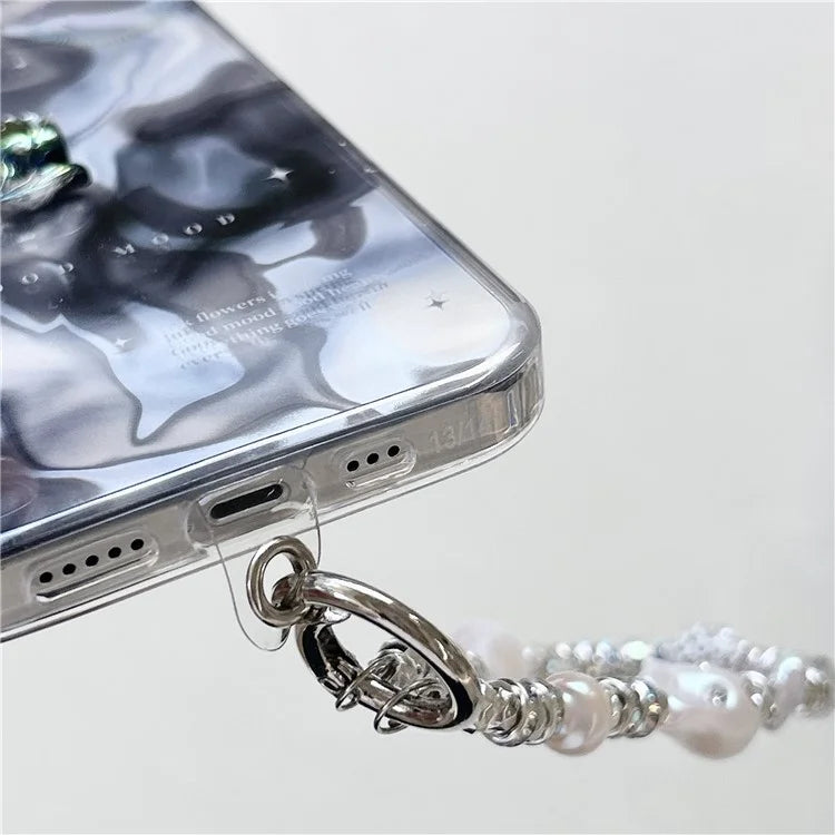 For iPhone 13 TPU Case IMD Black Gradation Protective Phone Cover with Pearl Chain