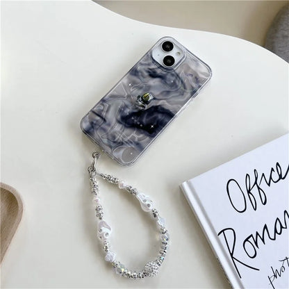 For iPhone 13 TPU Case IMD Black Gradation Protective Phone Cover with Pearl Chain