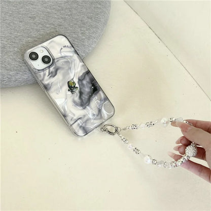 For iPhone 13 TPU Case IMD Black Gradation Protective Phone Cover with Pearl Chain