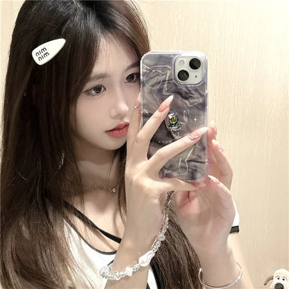 For iPhone 13 TPU Case IMD Black Gradation Protective Phone Cover with Pearl Chain
