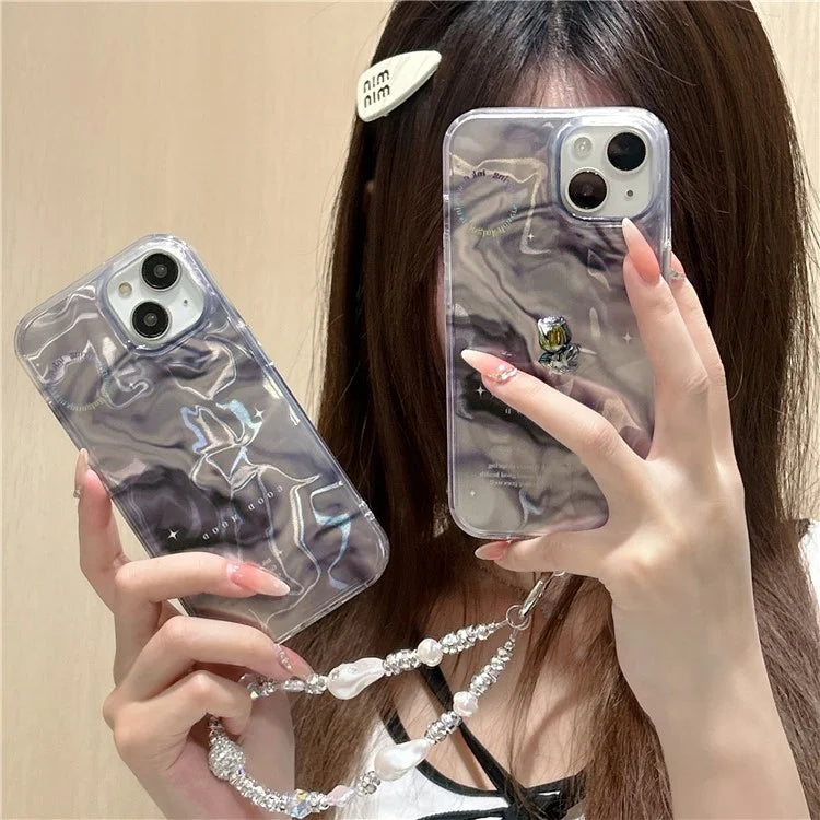 For iPhone 13 TPU Case IMD Black Gradation Protective Phone Cover with Pearl Chain