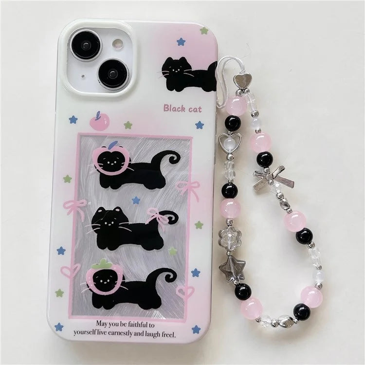 For iPhone 15 TPU Case Gradient Bow Tie Cat Pattern Phone Cover with Wrist Strap