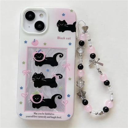 For iPhone 15 TPU Case Gradient Bow Tie Cat Pattern Phone Cover with Wrist Strap