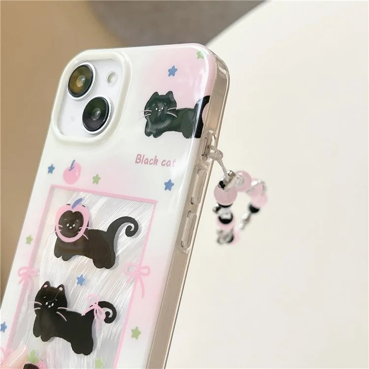 For iPhone 15 TPU Case Gradient Bow Tie Cat Pattern Phone Cover with Wrist Strap