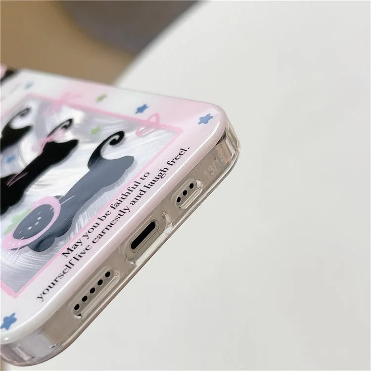 For iPhone 15 TPU Case Gradient Bow Tie Cat Pattern Phone Cover with Wrist Strap