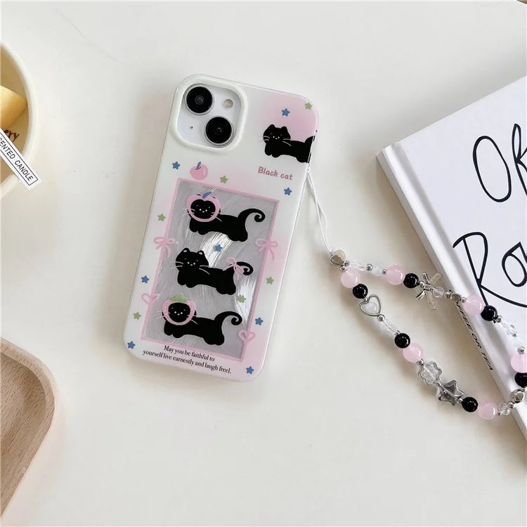 For iPhone 15 TPU Case Gradient Bow Tie Cat Pattern Phone Cover with Wrist Strap