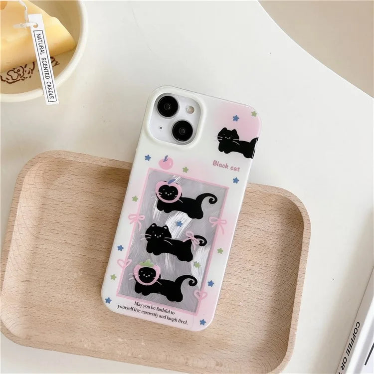 For iPhone 15 TPU Case Gradient Bow Tie Cat Pattern Phone Cover with Wrist Strap