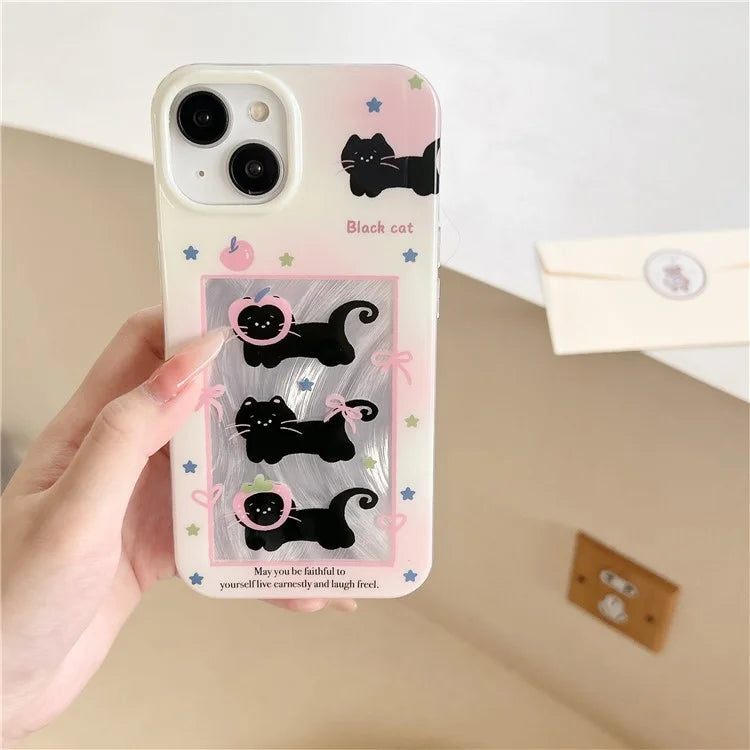 For iPhone 15 TPU Case Gradient Bow Tie Cat Pattern Phone Cover with Wrist Strap