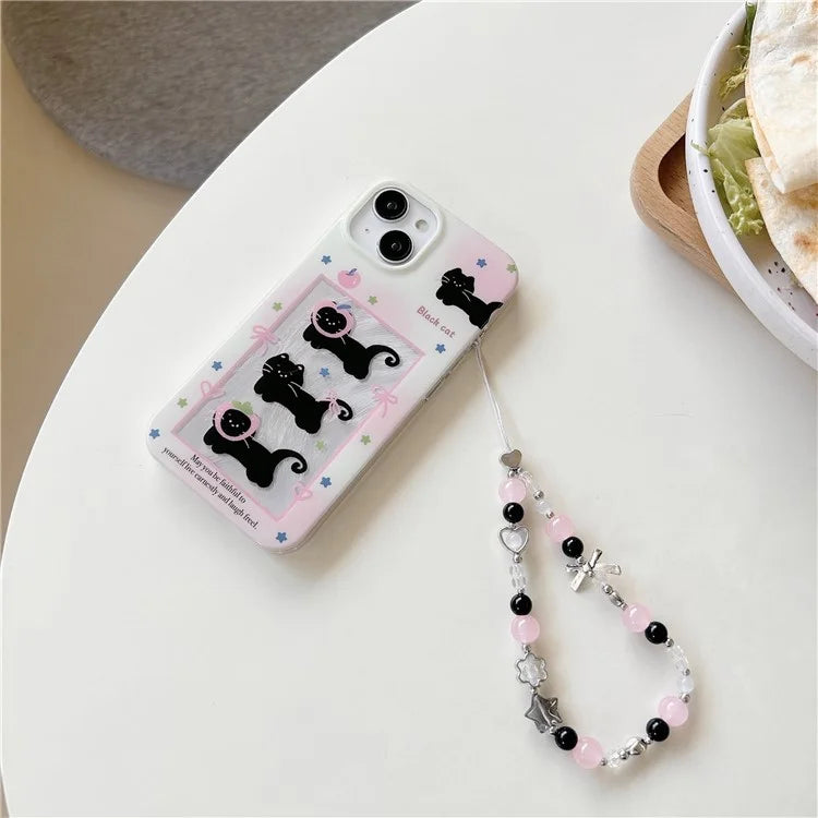 For iPhone 15 TPU Case Gradient Bow Tie Cat Pattern Phone Cover with Wrist Strap