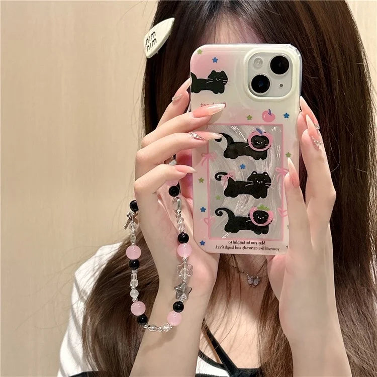 For iPhone 15 TPU Case Gradient Bow Tie Cat Pattern Phone Cover with Wrist Strap