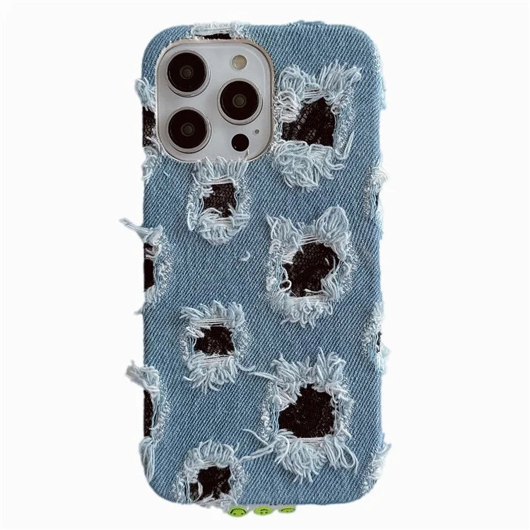 For iPhone 15 Pro Case Denim Cloth+PC Wholesale Phone Back Cover with Black Mesh Hole