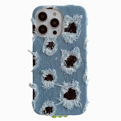 For iPhone 15 Pro Case Denim Cloth+PC Wholesale Phone Back Cover with Black Mesh Hole