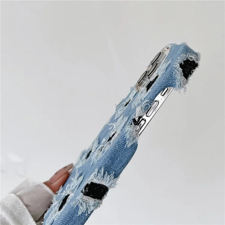 For iPhone 15 Pro Case Denim Cloth+PC Wholesale Phone Back Cover with Black Mesh Hole