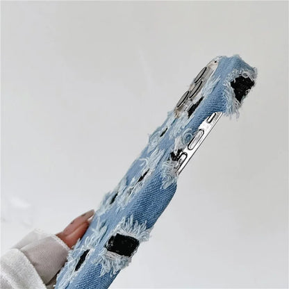 For iPhone 15 Pro Case Denim Cloth+PC Wholesale Phone Back Cover with Black Mesh Hole
