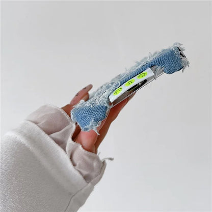 For iPhone 15 Pro Case Denim Cloth+PC Wholesale Phone Back Cover with Black Mesh Hole