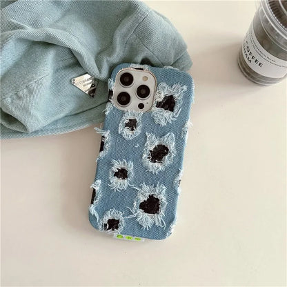 For iPhone 15 Pro Case Denim Cloth+PC Wholesale Phone Back Cover with Black Mesh Hole