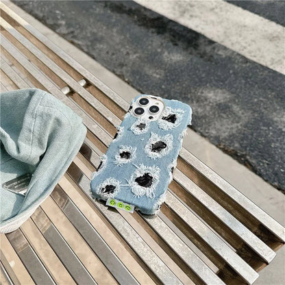 For iPhone 15 Pro Case Denim Cloth+PC Wholesale Phone Back Cover with Black Mesh Hole