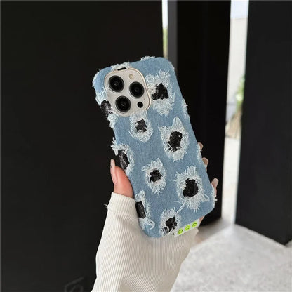 For iPhone 15 Pro Case Denim Cloth+PC Wholesale Phone Back Cover with Black Mesh Hole