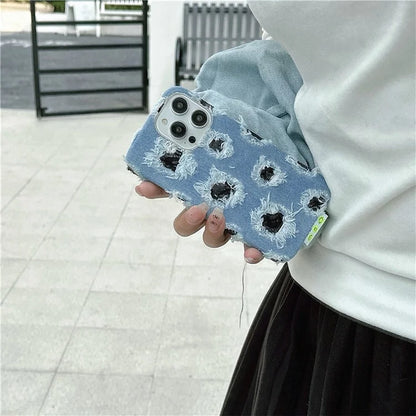 For iPhone 15 Pro Case Denim Cloth+PC Wholesale Phone Back Cover with Black Mesh Hole