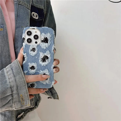 For iPhone 15 Pro Case Denim Cloth+PC Wholesale Phone Back Cover with Black Mesh Hole