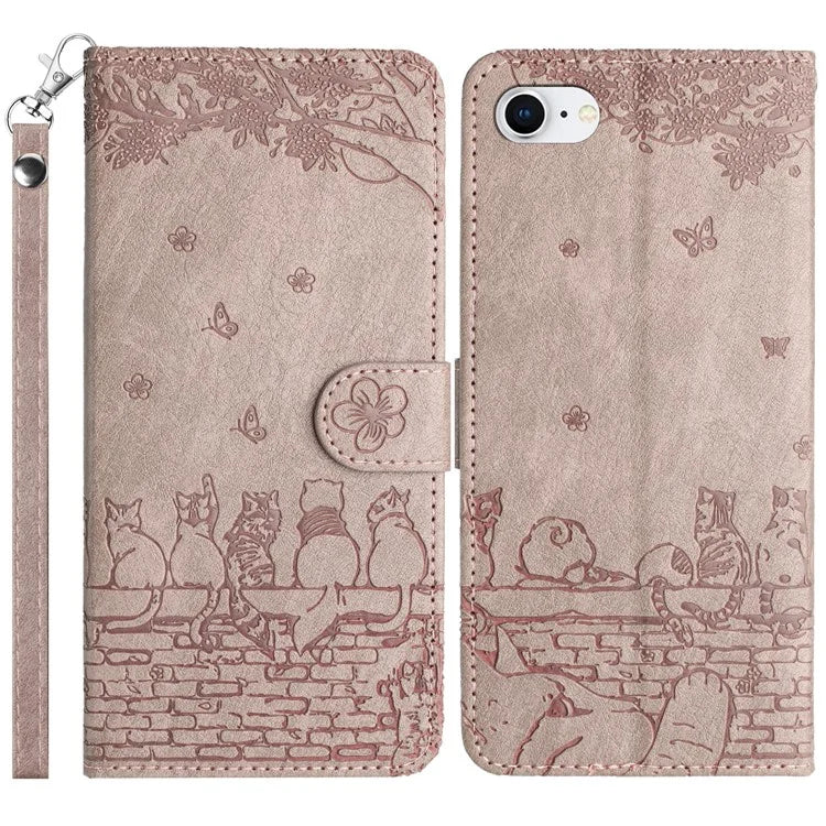 For iPhone SE (2024) Wallet Case PU Leather Wall Cats Pattern Phone Cover