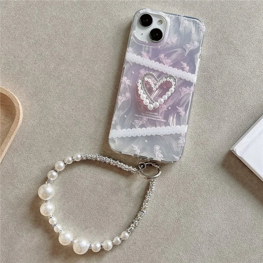 For iPhone 13 6.1 inch Case with Hand Strap 3D Heart Decor Gradient Flower Pattern TPU Back Cover