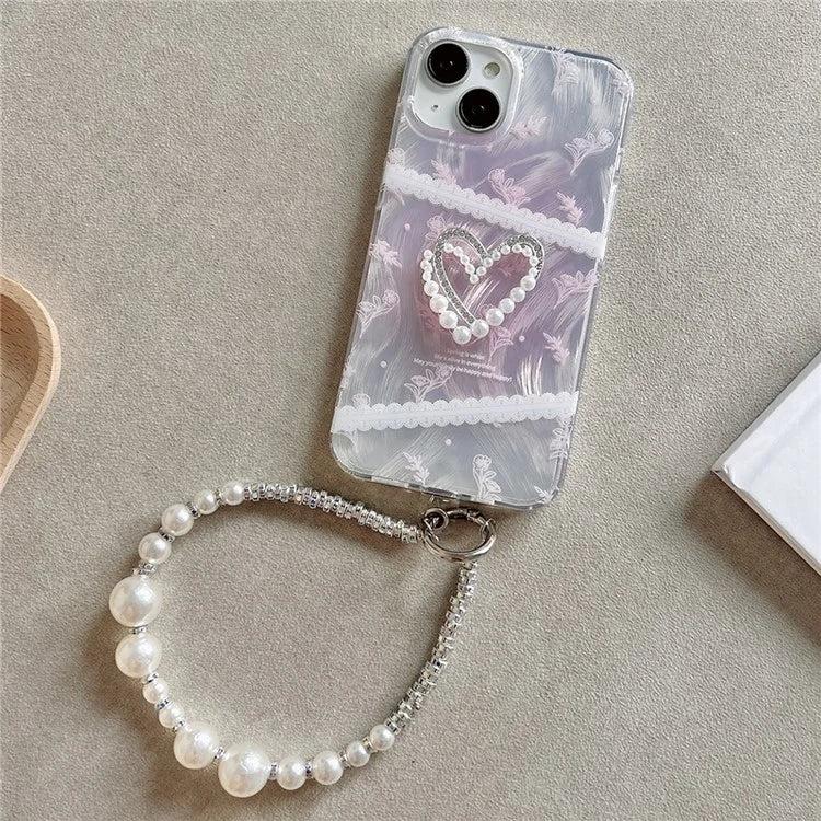 For iPhone 15 Case 3D Heart Decor Gradient Flower Pattern TPU Phone Cover with Wrist Strap