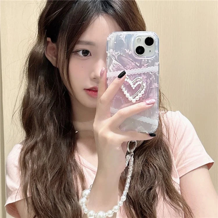For iPhone 15 Case 3D Heart Decor Gradient Flower Pattern TPU Phone Cover with Wrist Strap