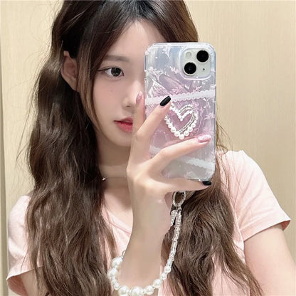 For iPhone 15 Case 3D Heart Decor Gradient Flower Pattern TPU Phone Cover with Wrist Strap
