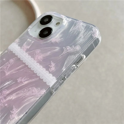 For iPhone 15 Case 3D Heart Decor Gradient Flower Pattern TPU Phone Cover with Wrist Strap