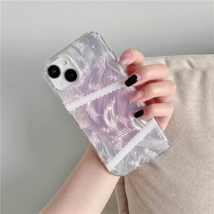 For iPhone 15 Case 3D Heart Decor Gradient Flower Pattern TPU Phone Cover with Wrist Strap
