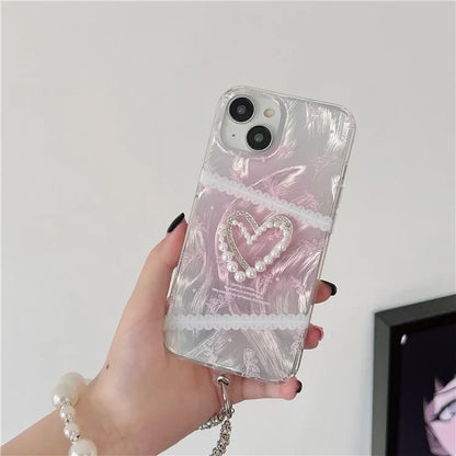 For iPhone 15 Case 3D Heart Decor Gradient Flower Pattern TPU Phone Cover with Wrist Strap