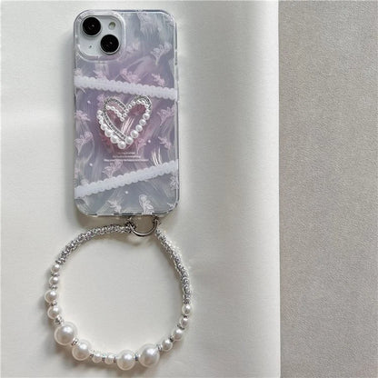 For iPhone 15 Case 3D Heart Decor Gradient Flower Pattern TPU Phone Cover with Wrist Strap