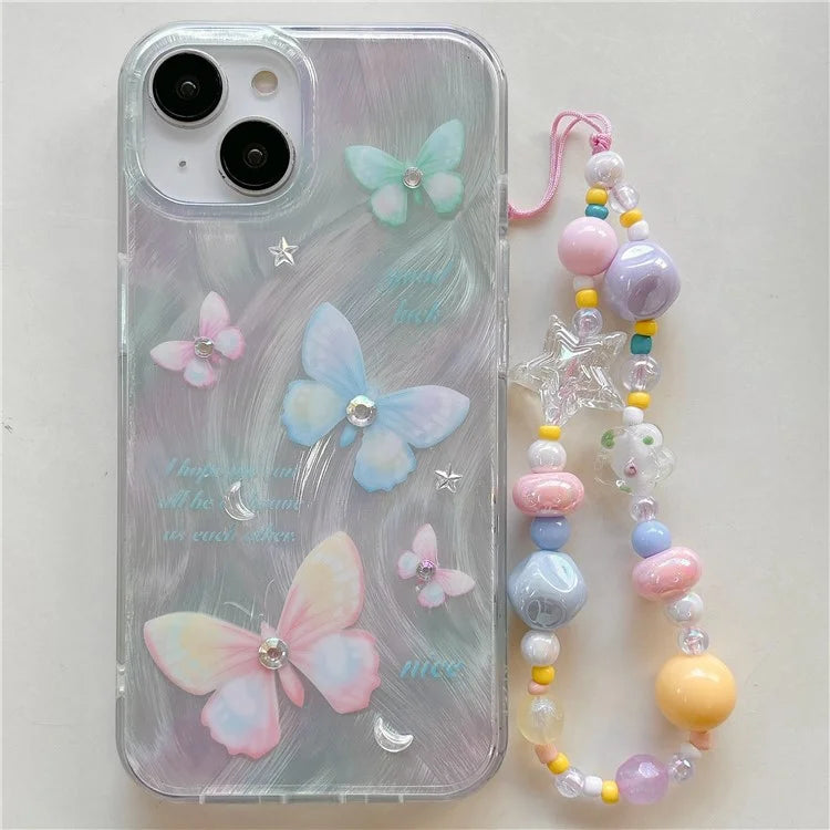 For iPhone 13 TPU Case Pattern Rhinestones Decor Aesthetics Phone Cover with Wrist Strap