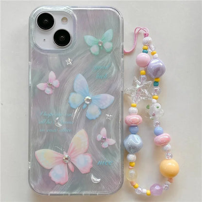 For iPhone 13 TPU Case Pattern Rhinestones Decor Aesthetics Phone Cover with Wrist Strap