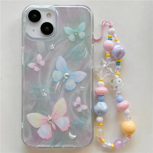 For iPhone 13 TPU Case Pattern Rhinestones Decor Aesthetics Phone Cover with Wrist Strap