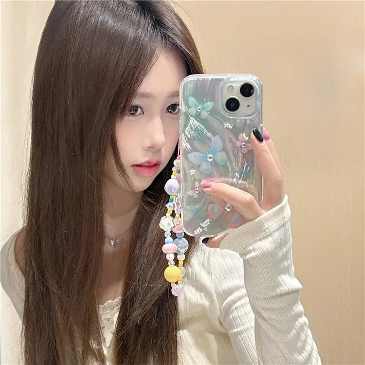 For iPhone 13 TPU Case Pattern Rhinestones Decor Aesthetics Phone Cover with Wrist Strap