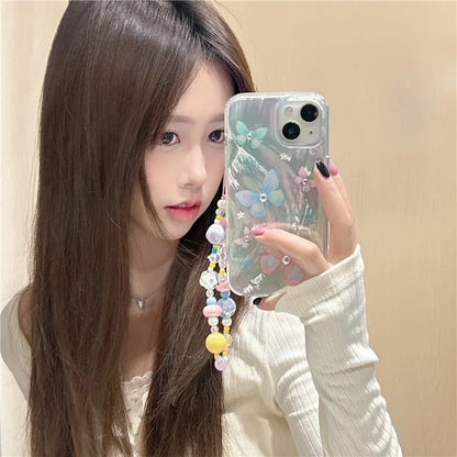 For iPhone 13 TPU Case Pattern Rhinestones Decor Aesthetics Phone Cover with Wrist Strap