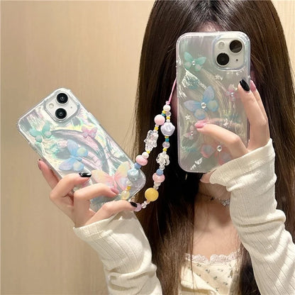 For iPhone 13 TPU Case Pattern Rhinestones Decor Aesthetics Phone Cover with Wrist Strap