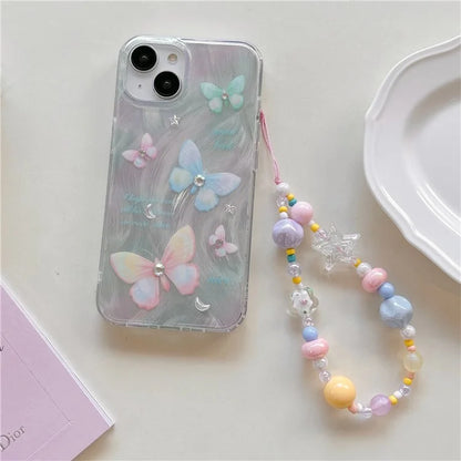 For iPhone 13 TPU Case Pattern Rhinestones Decor Aesthetics Phone Cover with Wrist Strap