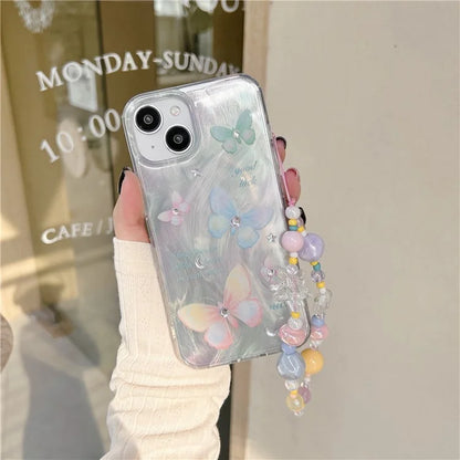 For iPhone 13 TPU Case Pattern Rhinestones Decor Aesthetics Phone Cover with Wrist Strap