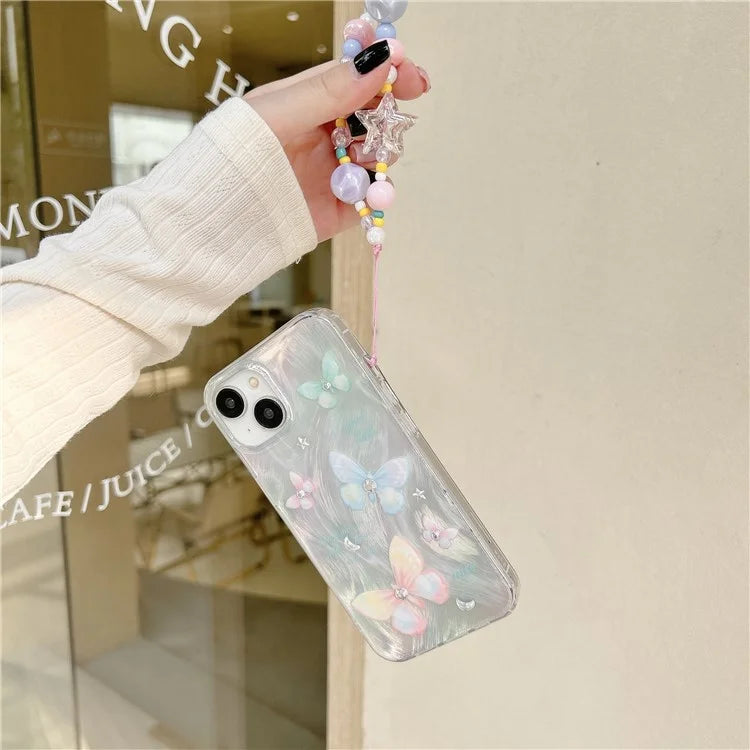 For iPhone 13 TPU Case Pattern Rhinestones Decor Aesthetics Phone Cover with Wrist Strap