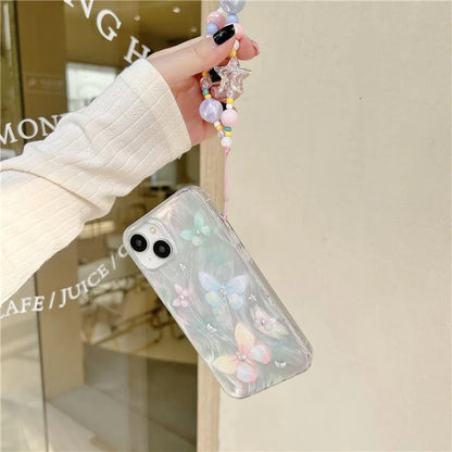 For iPhone 13 TPU Case Pattern Rhinestones Decor Aesthetics Phone Cover with Wrist Strap