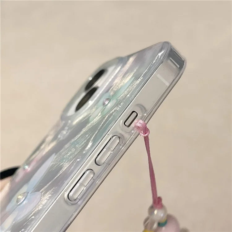 For iPhone 13 TPU Case Pattern Rhinestones Decor Aesthetics Phone Cover with Wrist Strap