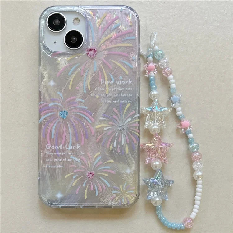 For iPhone 13 TPU Case Pattern Rhinestones Decor Aesthetics Phone Cover with Wrist Strap